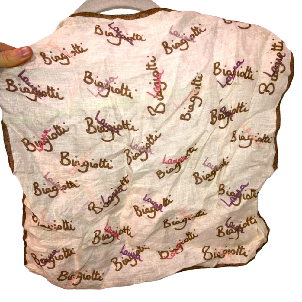 Laura Biagiotti LINEN signature logo print hndkercheif scarf ADORABLE ch…